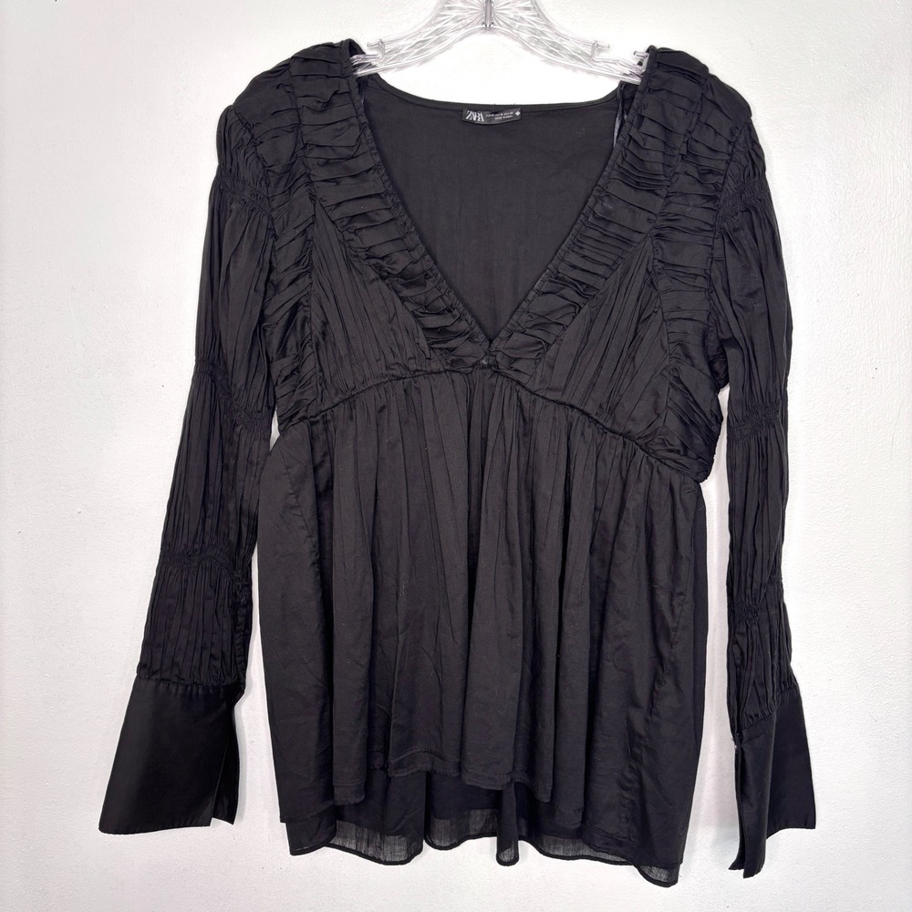 Zara Blouse Medium Black Ruched Deep V-Neck Balletcore Babydoll Cottage Chic